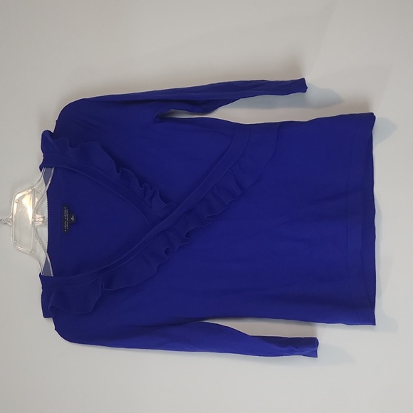 BANANA REPUBLIC Blue Extra Fine Merino Wool Ruffle V-neck 3/4 Sleeve Sweater - Picture 4 of 11
